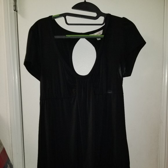 banded bottom rouched neckline ss black and white top - Picture 1 of 5